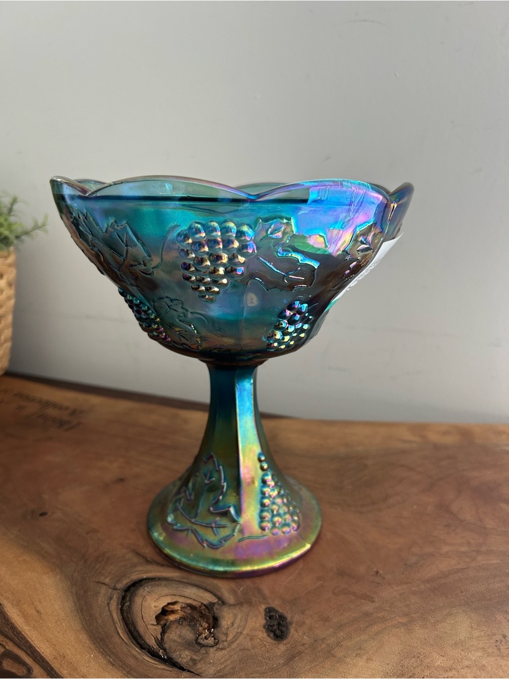 Indiana iridescent Blue Carnival Glass Harvest Grape 8.5" Pedestal Bowl